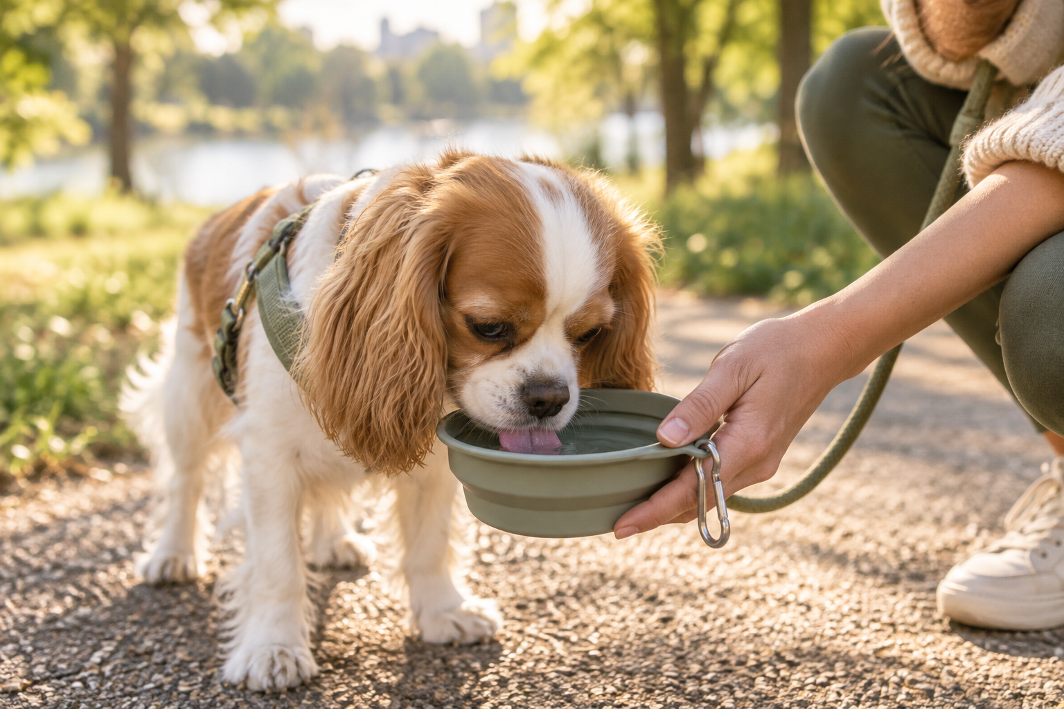A dog drinking water during a walk