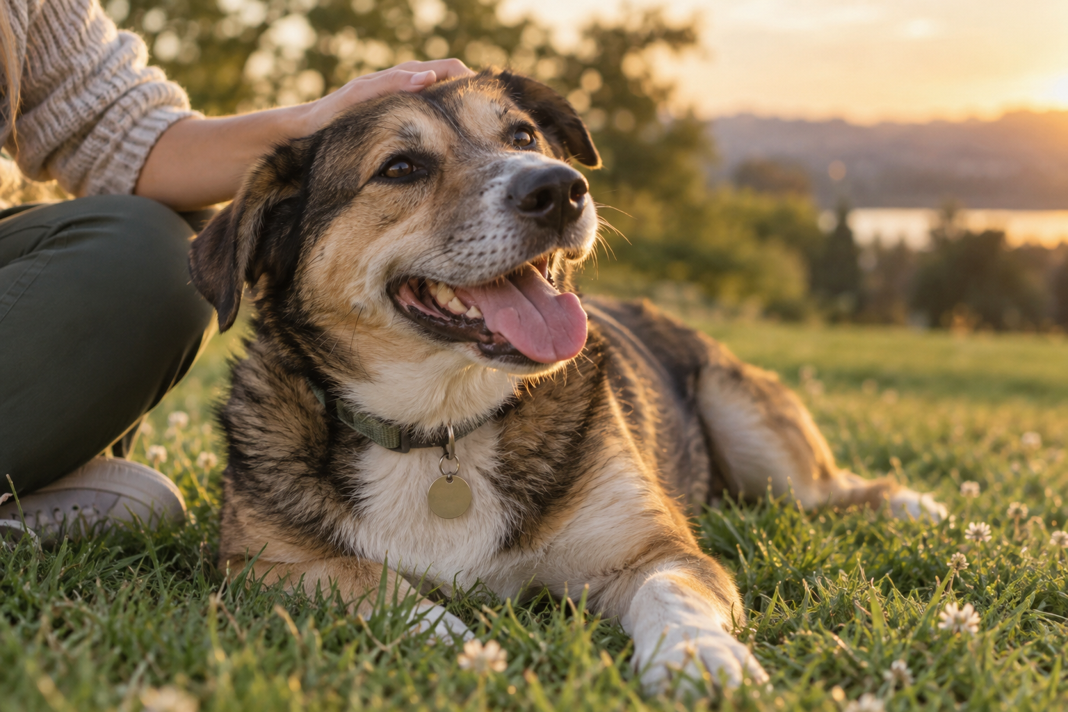 A dog resting after a walk while being petted