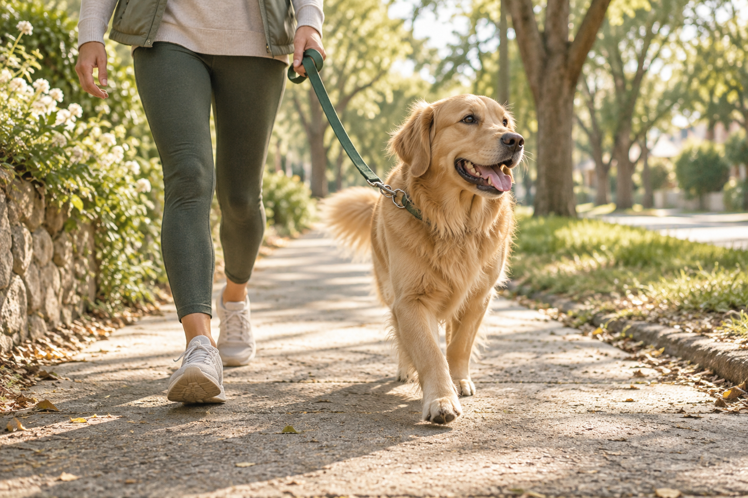 A dog and its owner walking on a leafy path