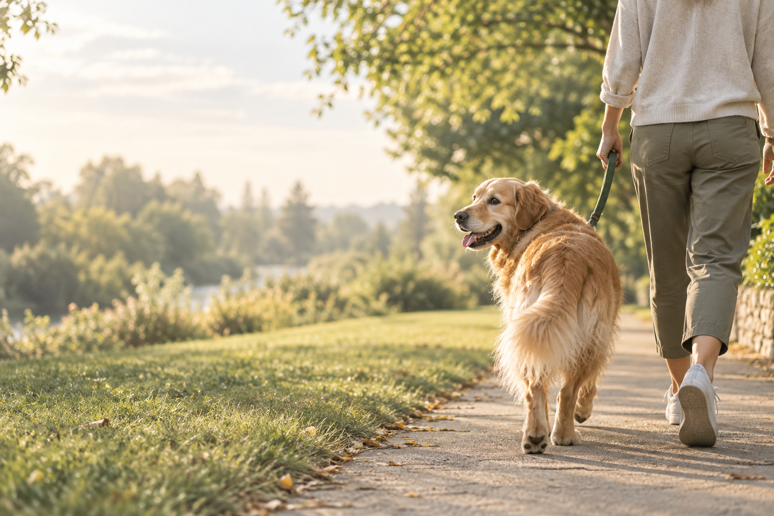 A golden retriever walking with its owner on a sunny path