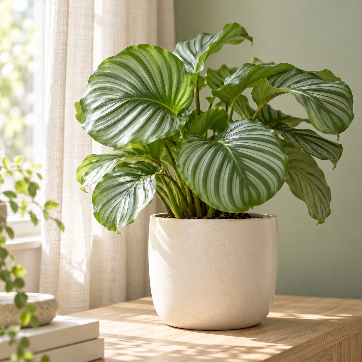 A striped calathea in a ceramic planter beside a bright window