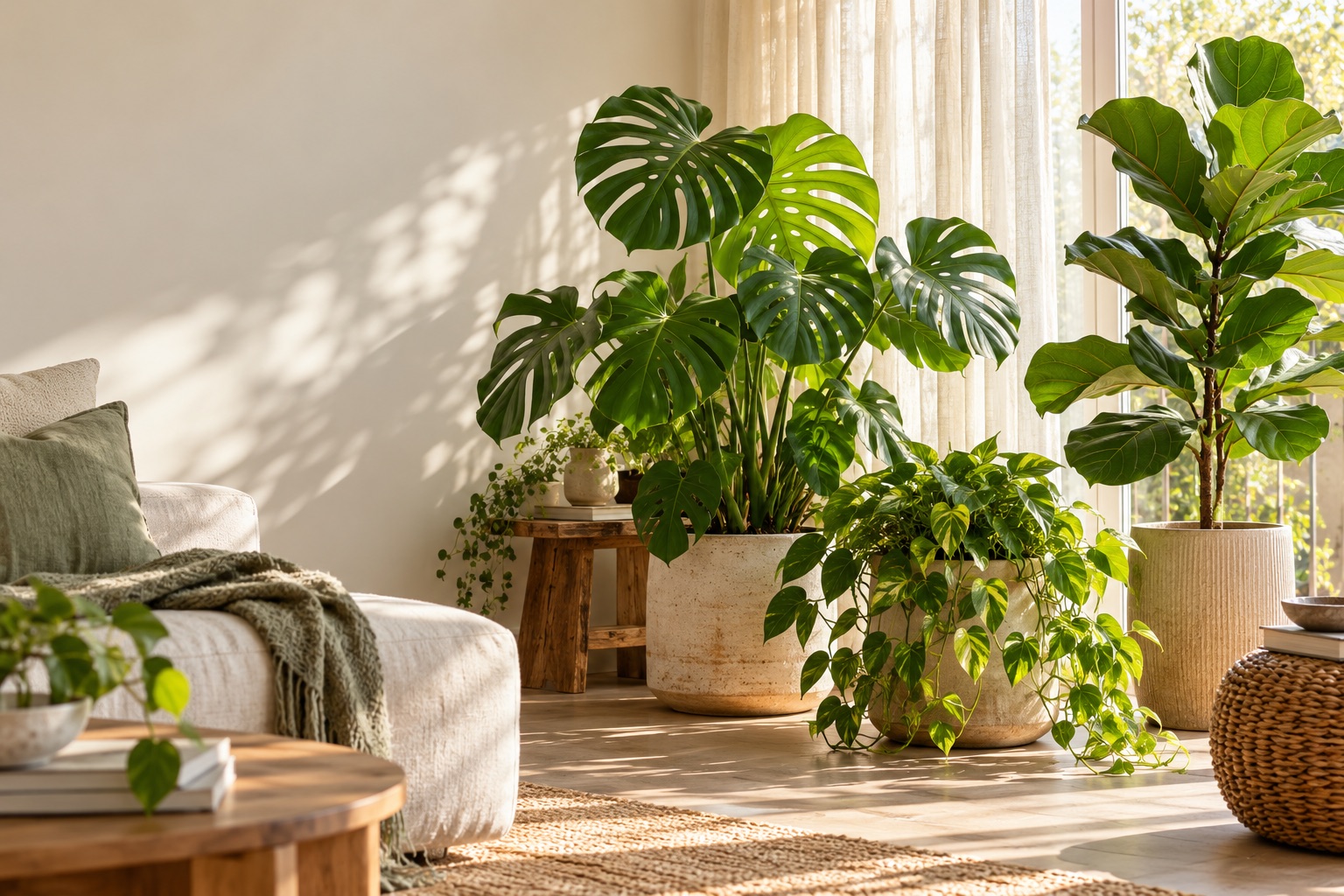 A sunlit living room filled with a monstera, fiddle-leaf fig, and other houseplants