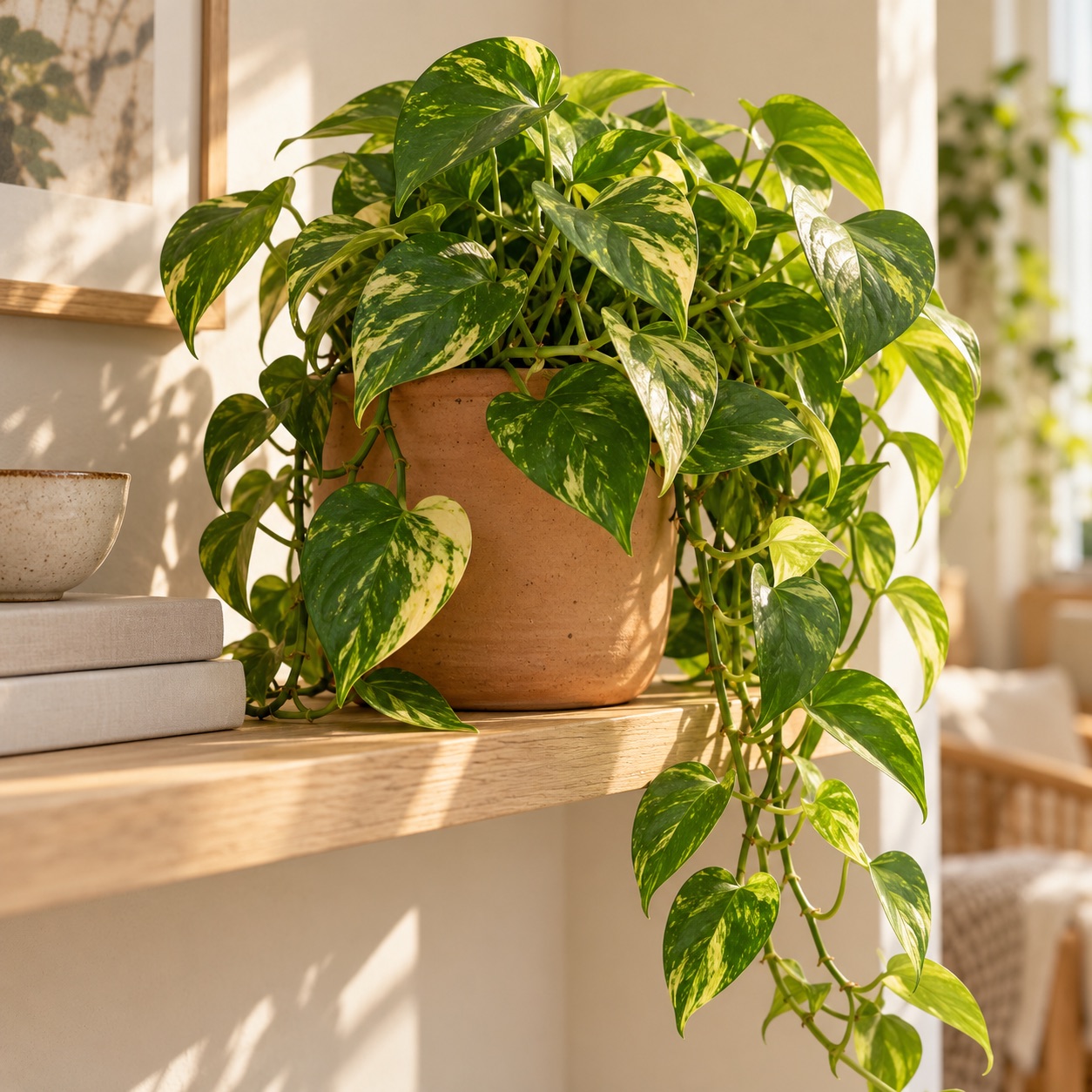 Trailing golden pothos cascading from a terracotta planter