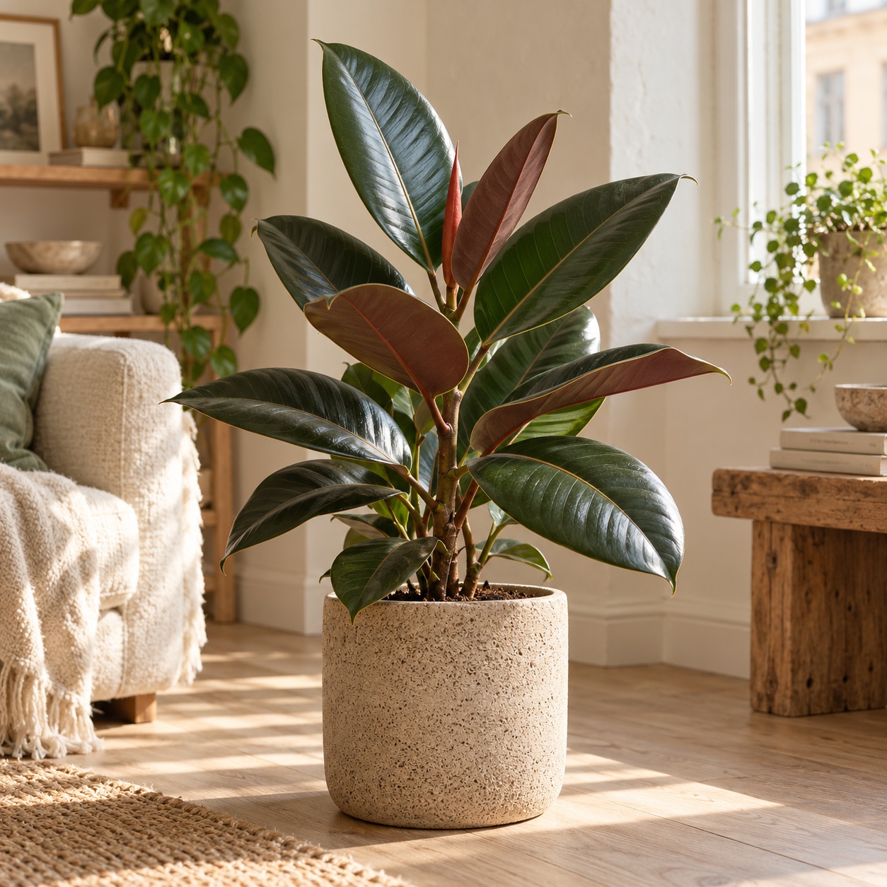 A glossy rubber plant in a textured ceramic pot